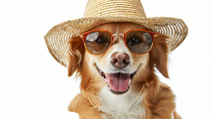 A dog wearing a straw hat and sunglasses on white - obrazy, fototapety, plakaty