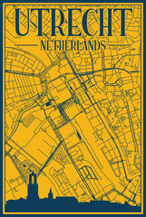 Yellow and blue hand-drawn framed poster of the downtown UTRECH, NETHERLANDS with highlighted vintage city skyline and lettering