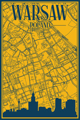 Yellow and blue hand-drawn framed poster of the downtown WARSAW, POLAND with highlighted vintage city skyline and lettering