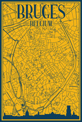 Yellow and blue hand-drawn framed poster of the downtown BRUGES, BELGIUM with highlighted vintage city skyline and lettering