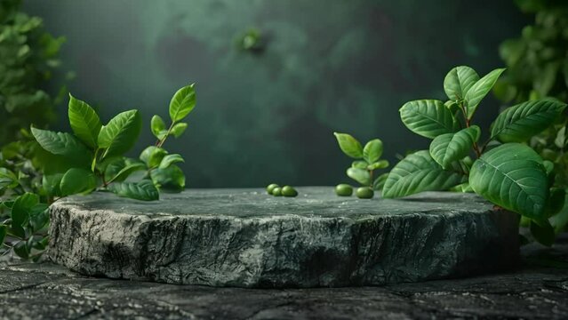 Natural stone podium pedestal made of flat brown stones on green leaves background for product presentation 4k video. Concrete podium and leaves moving in the wind beauty