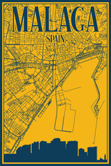Yellow and blue hand-drawn framed poster of the downtown MALAGA, SPAIN with highlighted vintage city skyline and lettering