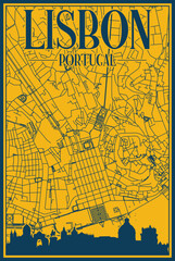Yellow and blue hand-drawn framed poster of the downtown LISBON, PORTUGAL with highlighted vintage city skyline and lettering