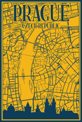 Yellow and blue hand-drawn framed poster of the downtown PRAGUE, CZECH REPUBLIC with highlighted vintage city skyline and lettering