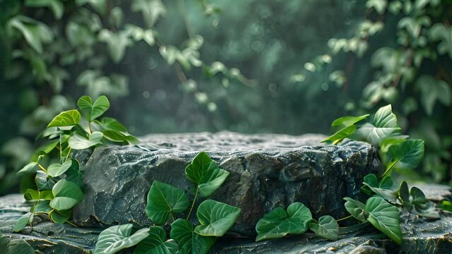 Natural stone podium pedestal made of flat brown stones on green leaves background for product presentation 4k video. Concrete podium and leaves moving in the wind beauty