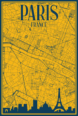 Yellow and blue hand-drawn framed poster of the downtown PARIS, FRANCE with highlighted vintage city skyline and lettering