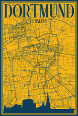 Yellow and blue hand-drawn framed poster of the downtown DORTMUND, GERMANY with highlighted vintage city skyline and lettering