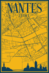 Yellow and blue hand-drawn framed poster of the downtown NANTES, FRANCE with highlighted vintage city skyline and lettering