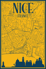 Yellow and blue hand-drawn framed poster of the downtown NICE, FRANCE with highlighted vintage city skyline and lettering