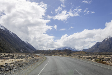 road on mount cook near tasman glacier in new zealand in spring