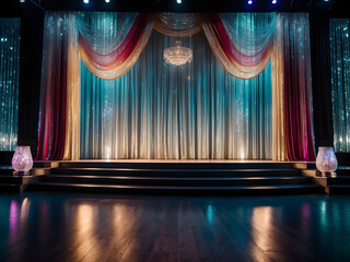 An opulent empty event stage with a shimmering crystal curtain backdrop and grandeur design.