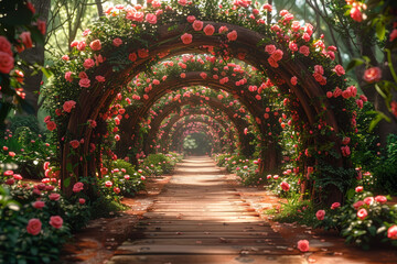 Fototapeta premium A trellised archway covered in climbing roses, creating a romantic entrance and showcasing the versatility of floral structures. Concept of enhancing garden entrances. Generative Ai.