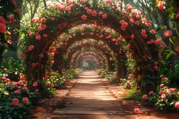 Selbstklebende Fototapeten A trellised archway covered in climbing roses, creating a romantic entrance and showcasing the versatility of floral structures. Concept of enhancing garden entrances. Generative Ai. © Sebastian