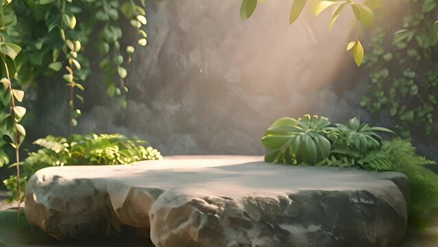 Natural stone podium pedestal made of flat brown stones on green leaves background for product presentation 4k video. Concrete podium and leaves moving in the wind beauty
