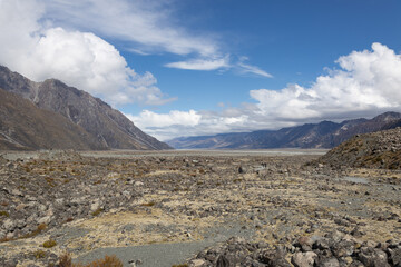 landscape of stones on mount cook near tasman glacier in new zealand in spring
