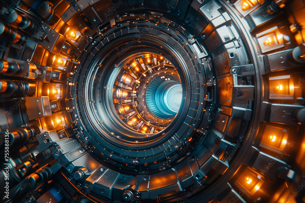 Poster a scientist adjusting the parameters of a particle accelerator, unlocking the secrets of particle ph