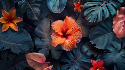 A vividly colorful flower stands out against the backdrop of dark tropical foliage, creating a striking contrast that captures the essence of nature's diversity