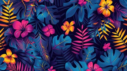 A vivid and lively abstract seamless pattern featuring silhouettes of leaves and flowers