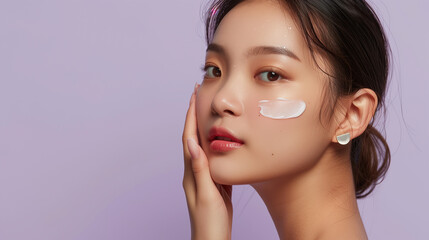 A beautiful korean woman with beautiful skin and face with clear face cream, on light purple backdrop, suitable for magazine cover.