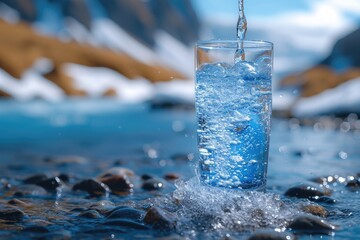 Glass of pouring crystal water against blurred nature snow mountain landscape background, the concept of proper nutrition - obrazy, fototapety, plakaty