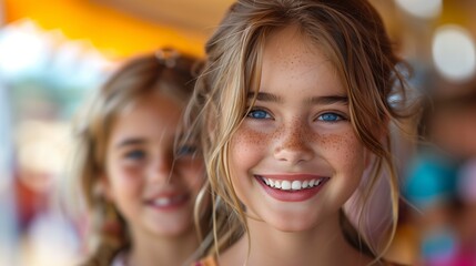 Fototapeta premium Two happy young girls smiling together at a fun event