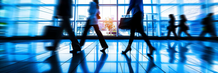 Dynamic movement of office workers in corporate hallway in the blue tones of a modern business environment. Motion blur conveys the fast-paced nature of corporate life as silhouetted employees