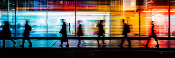 Silhouettes of people walking quickly past colorful lit windows.