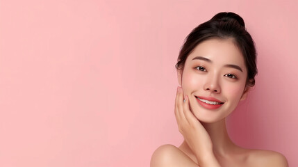 Obraz na płótnie Canvas Korean Beauty Care: Radiant Women Embrace Skincare Happiness in Calming Symmetry
