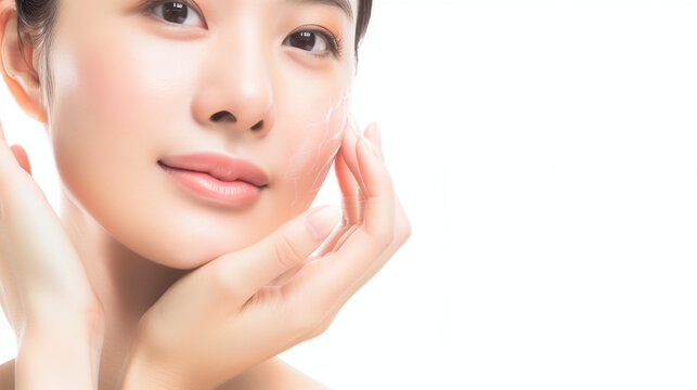 Beautiful Young asian Woman touching her clean face with fresh Healthy Skin.