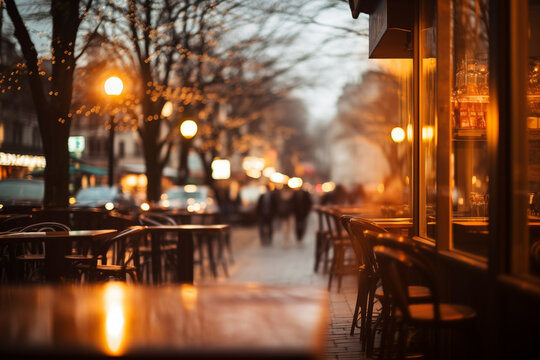 Warm and inviting cafe terrace with the bokeh effect blurring the lights and activity of the city center. Tables line the sidewalk, ready for patrons, lampposts glow softly in the background