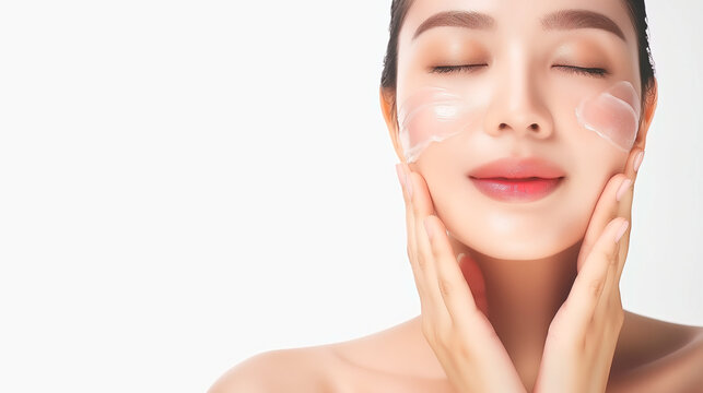 Beautiful Young asian Woman touching her clean face with fresh Healthy Skin.