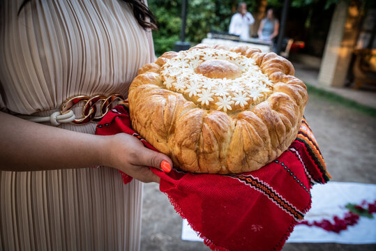Bulgarian traditional bread with decoration. Traditional bread for a wedding ceremony. Bulgaria.