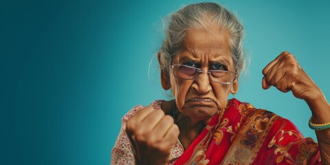 Emotive Portrayal: Indian Senior Lady's Grumpy Look and Solid Background generative ai