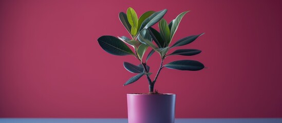 Ficus Elastica Ruby planted in a self-watering pot, desk decoration. Houseplant care concept. Indoor plant with automatic watering pot.