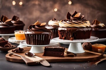 chocolate cake with nuts, Indulge your senses with a decadent chocolate cupcake and cake set...