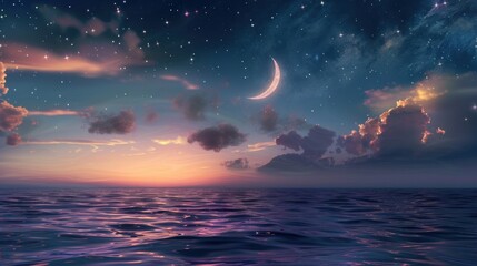 Enchanting Ramadan Kareem background featuring a luminous crescent, stars, and glowing clouds