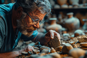 An archaeologist carefully excavating ancient artifacts, piecing together the puzzle of historical civilizations. Concept of archaeological exploration. Generative Ai. - obrazy, fototapety, plakaty