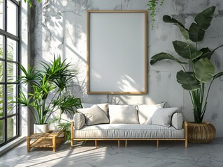 Mockup wooden frame on a white wall in a Scandinavian interior design living room over a couch