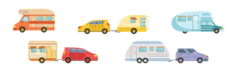 Camping Caravan and Recreational Vehicle with Car Vector Set