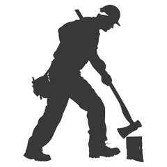 Silhouette carpenter with ax in action black color only full body