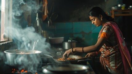 Kitchen Chronicles: Side View of Young Indian Woman Engaged in Cooking generative ai