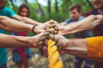 Tug of war game, dynamic team-building activity, People playing tug of war during a training, group of businesspeople pulling on a rope together during tug of war battle, Team competing in tug of war - obrazy, fototapety, plakaty