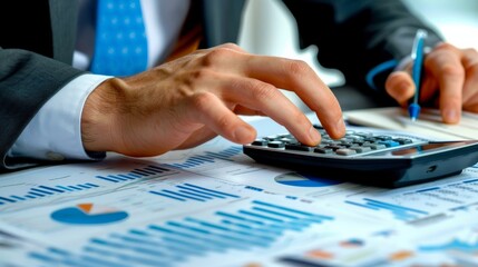 A businessman's hands meticulously calculating financial forecasts with a calculator and spreadsheets, emphasizing accuracy