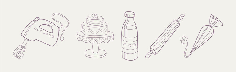 Baking and Bakery Equipment and Tool Flat Line Vector Set