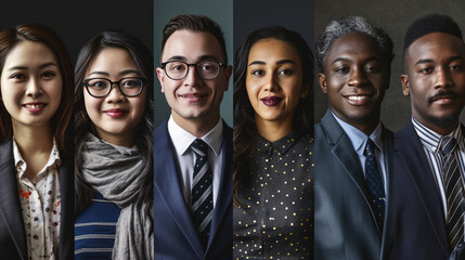 Composite of six individual portraits from diverse ethnic backgrounds, each smiling and dressed in business casual attire, suggesting a professional and inclusive work environment.