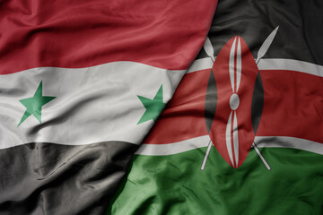 big waving national colorful flag of kenya and national flag of syria .