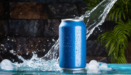 Blue aluminum can mockup with dynamic water splash. Beer or soda drink package. Liquid in metallic container. Refreshing beverage.