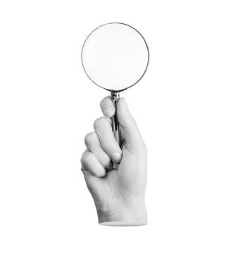 Hand holding magnifier, loupe, magnifying lens glass isolated on white background, transparent PNG