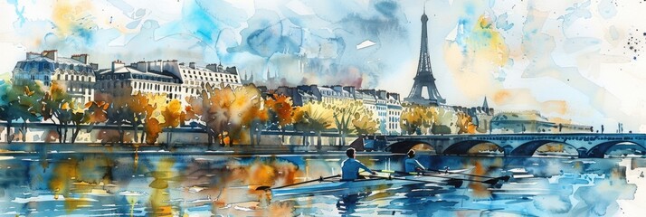 watercolor illustration, the Summer Olympic Games in Paris, the rowing team against the backdrop of the Eiffel Tower and the panorama of the sights of Paris, the Seine river