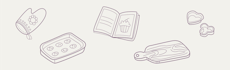 Baking and Bakery Equipment and Tool Flat Line Vector Set